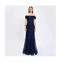 Bariano Women's Alianna Off Shoulder Glitter Gown