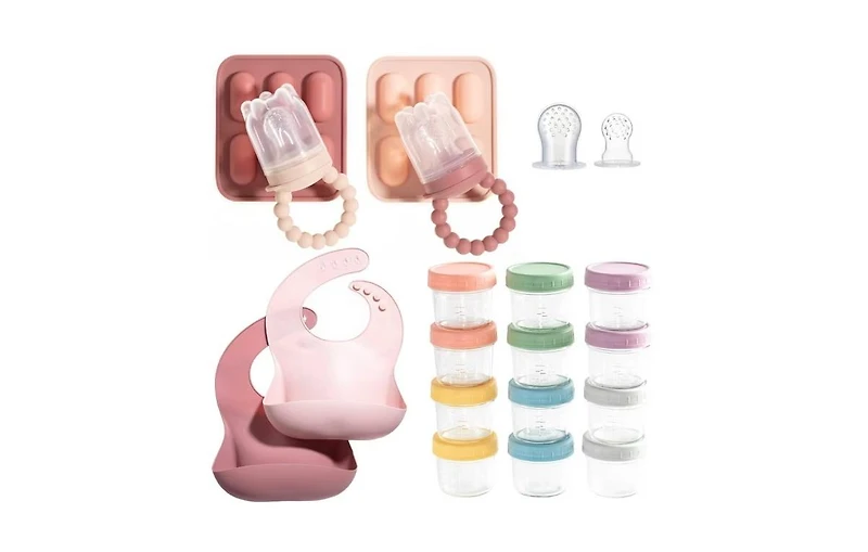 Sperric Toddler Feeding Set, Silicone Fruit Feeders Bibs & 12-Piece Glass Food Storage Containers w/ Lids. Must-Have, Bpa-Free Easy to Clean