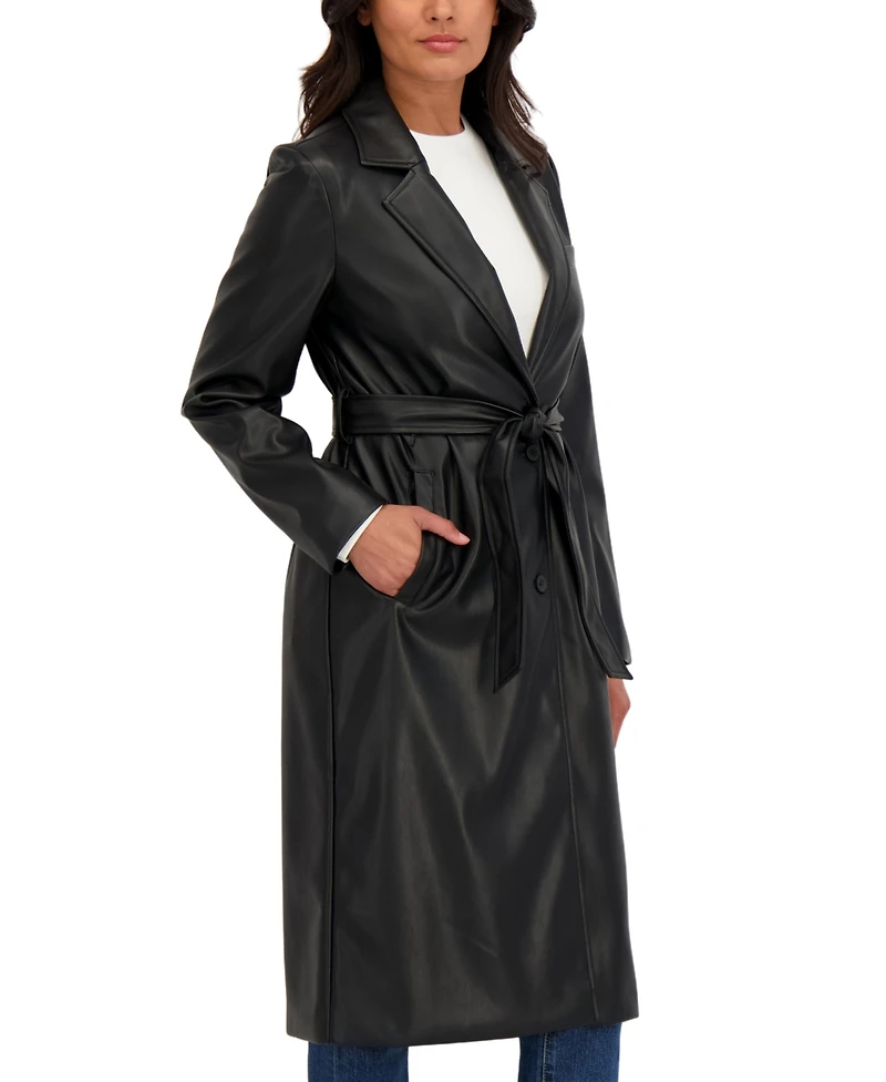 Sebby Collection Women's Belted Snap Front Faux Leather Long Trench Coat