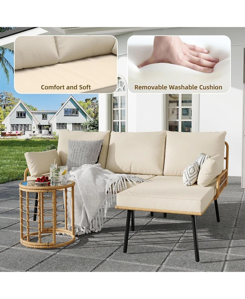 gaomon 3-Pieces Outdoor Wicker Patio Conversation Set with Sofa, Coffee Table & Cushions, Sectional Couch for Balcony, Backyard, Deck