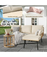 gaomon 3-Pieces Outdoor Wicker Patio Conversation Set with Sofa, Coffee Table & Cushions, Sectional Couch for Balcony, Backyard, Deck