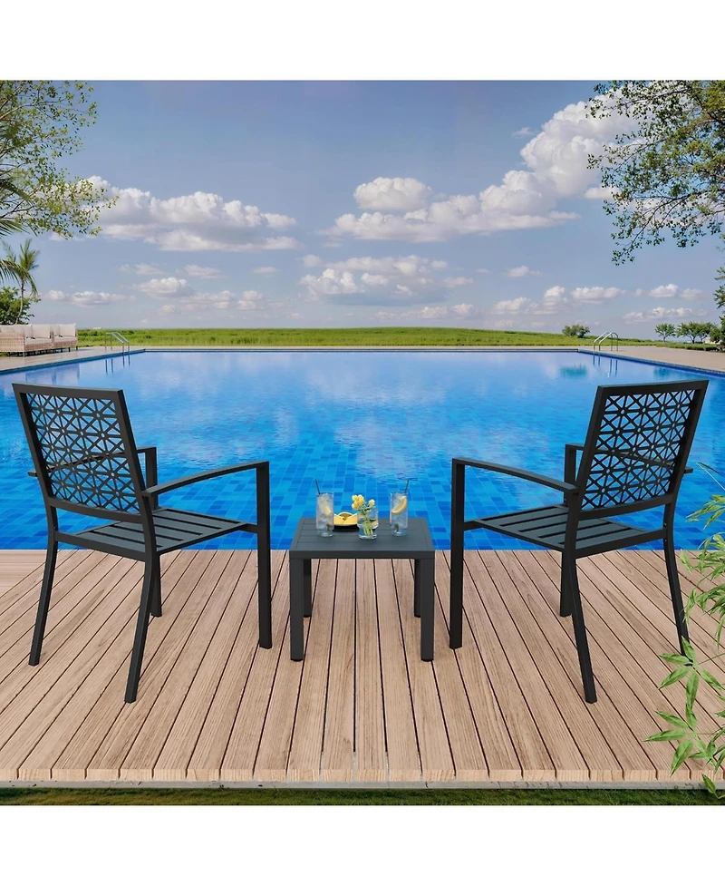 gaomon 3 Pcs Black Patio Bistro Set, Outdoor Stackable Steel Chairs & Square Coffee Table for Balcony, Porch, Garden, Lawn