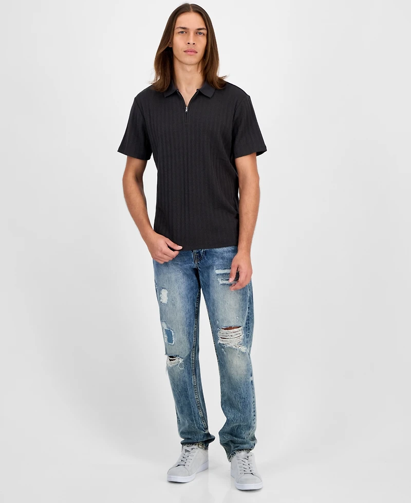 Guess Men's Grady Short Sleeve Textured Quarter-Zip Polo Sweater