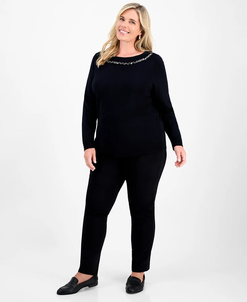Jm Collection Plus Embellished Boatneck Sweater, Macy's Exclusive