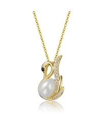 Sterling Silver 14k Gold Plated Faux Pearl & Cubic Zirconia Swan Pendant Necklace