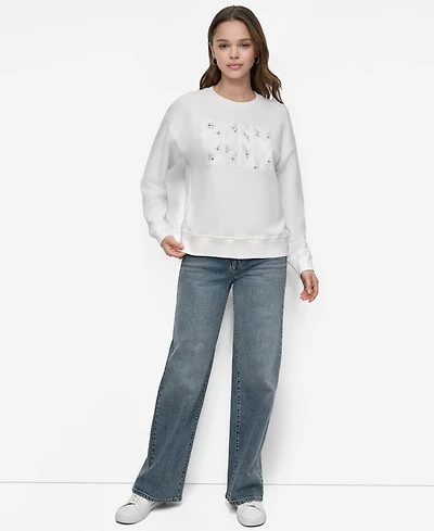 Dkny Jeans Women's Flocking Rhinestone Crew Neck Sweatshirt