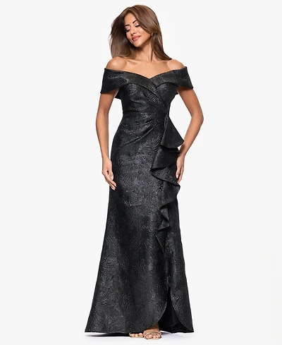 Xscape Women's Brocade Off-The-Shoulder Ruffled Long Dress