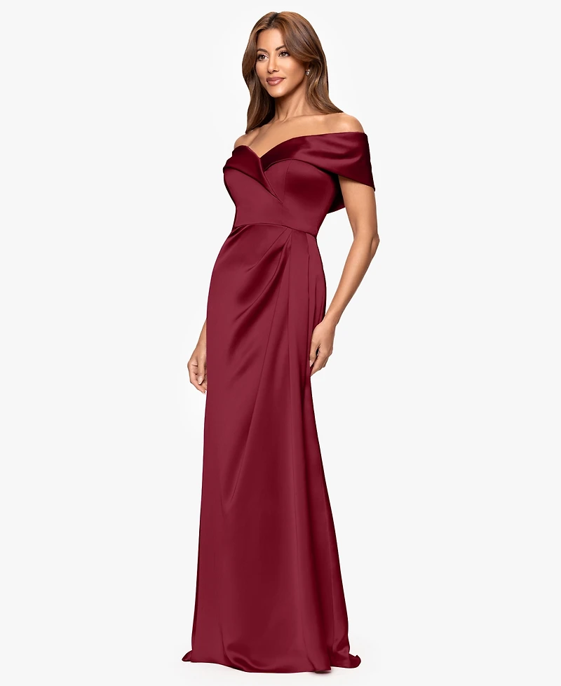 Xscape Women's Off-The-Shoulder Short Sleeve Satin Long Dress