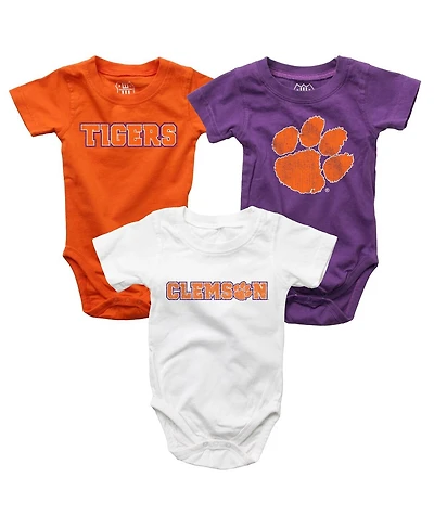 Wes & Willy Baby Boys and Girls 3-Pack Purple/White/Orange Clemson Tigers Bodysuit Set