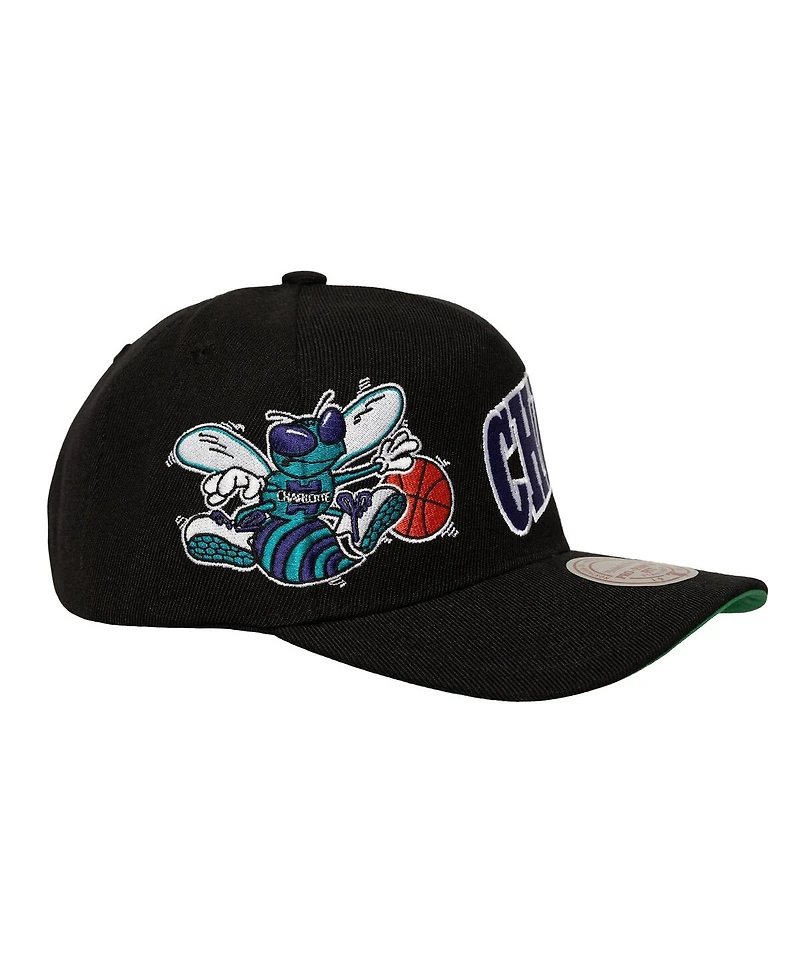 Mitchell & Ness Men's Black Charlotte Hornets Busted Logo Wordmark Wrap-Around Pro Pinch Adjustable Hat