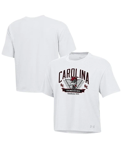 Under Armour Women's White South Carolina Gamecocks Essentials Icon Ultra-Soft Tri-Blend Boxy Cropped T-Shirt
