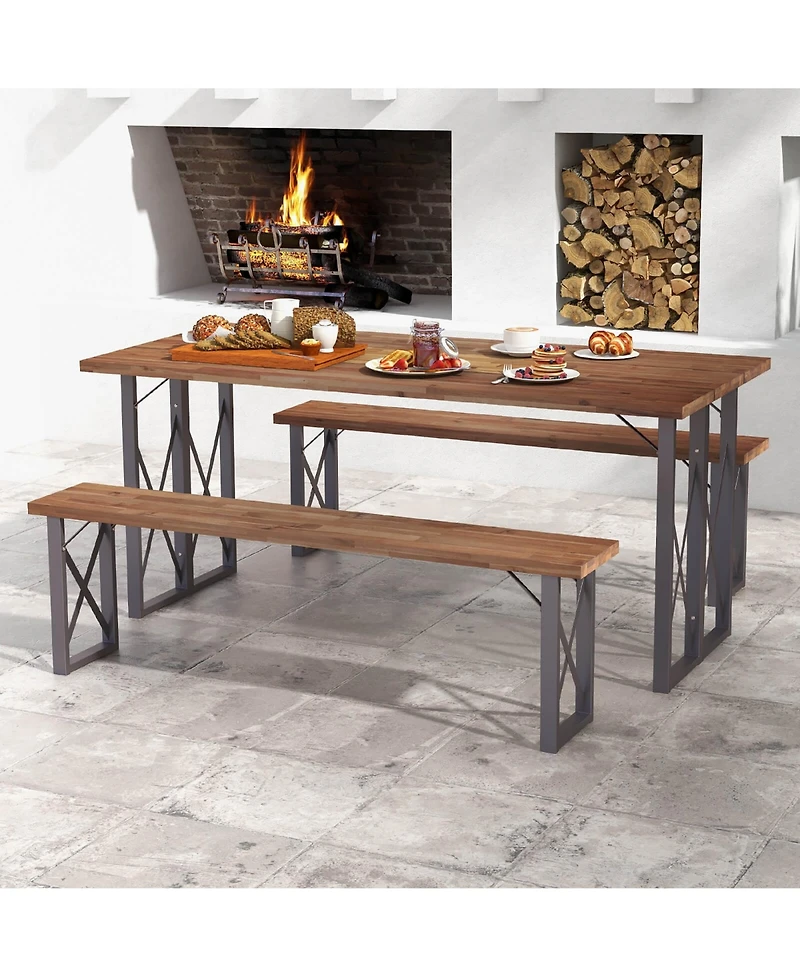 Gymax 59'' Outdoor Acacia Wood Benches Set of 2 for 2-3 Person w/ Metal Support