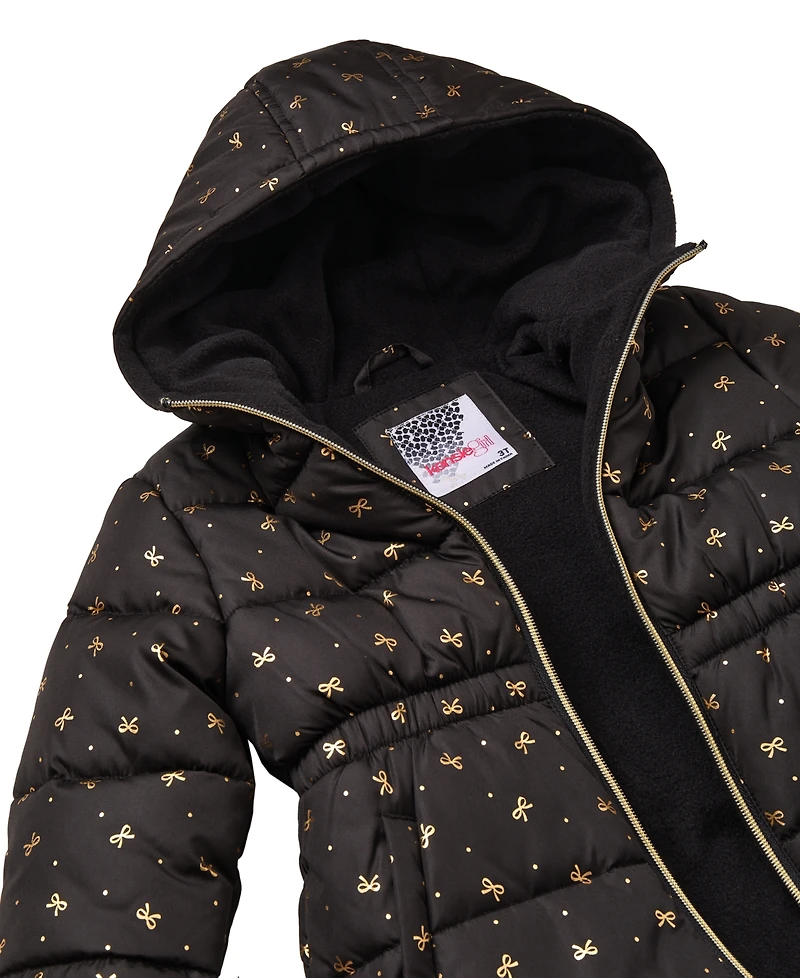 Kensie Girl Toddler and Little Girls Foil Bow Puffer Jacket with Beanie