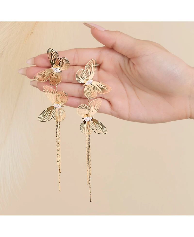 Jessica Simpson Long Butterfly Drop Earrings in Shimmering Gold-Tone