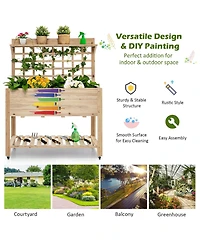 Gymax Raised Garden Bed Mobile Elevated Wooden Planter Box w/ Wheels Trellis Shelf