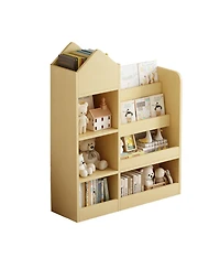 Jujabu Light Brown Wood Kids Bookshelf Toy Storage Organizer with Bookcase for Books, Toys