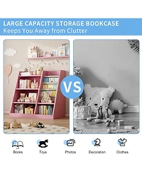 Jujabu Pink Wood Kids Bookshelf Toy Storage Organizer with Sling Book Rack Shelf for Playroom
