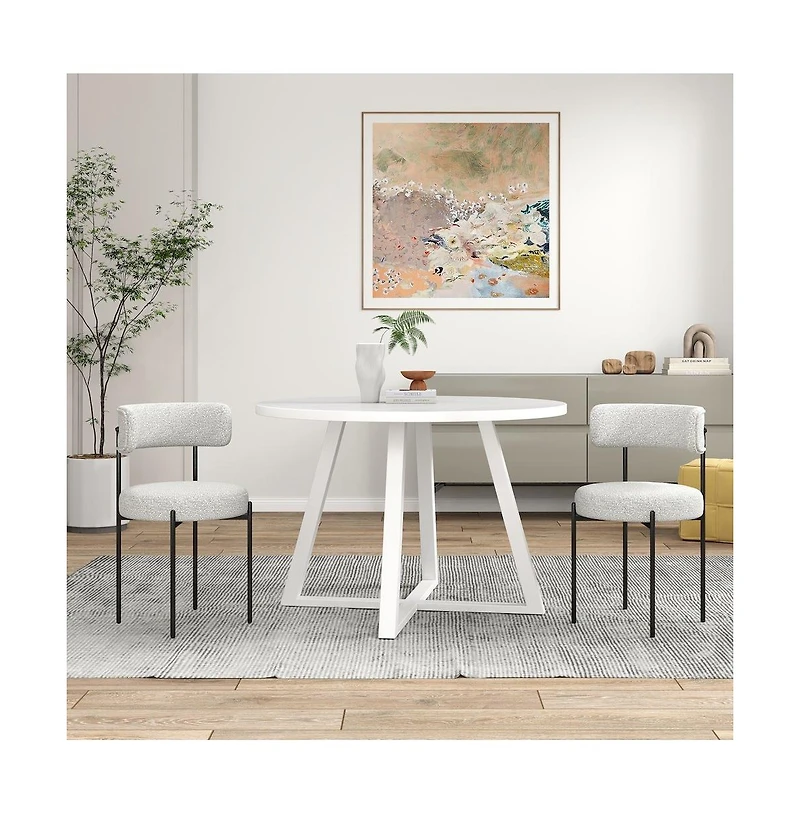 Roundhill Furniture Durban 3-Pc Round Dining Set, Trestle Dining Table with 2 Boucle Chairs