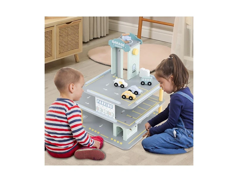 Akiudex 3-Layer Wooden Parking Garage Playset with Cars and Helicopter