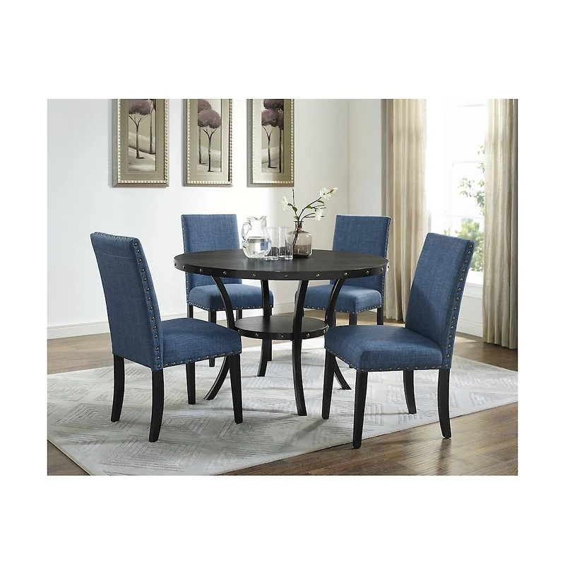 Roundhill Furniture Biony Espresso Wood Dining Set with Fabric Nailhead Chairs