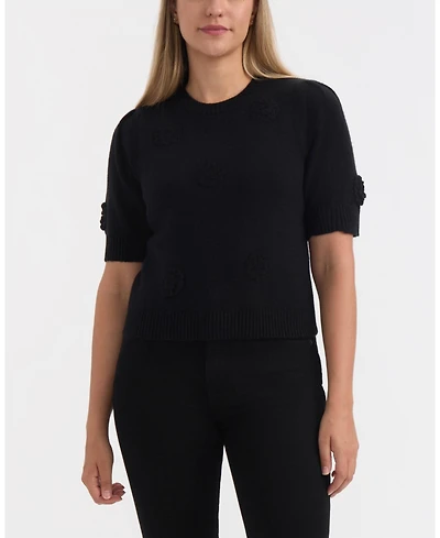 Ellen Tracy Women's Short Sleeve Sweater with Crochet Flowers