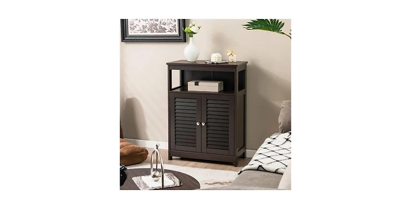 Slickblue Farmhouse Bathroom Linen Cabinet with Louvered Doors and Open Storage Shelf