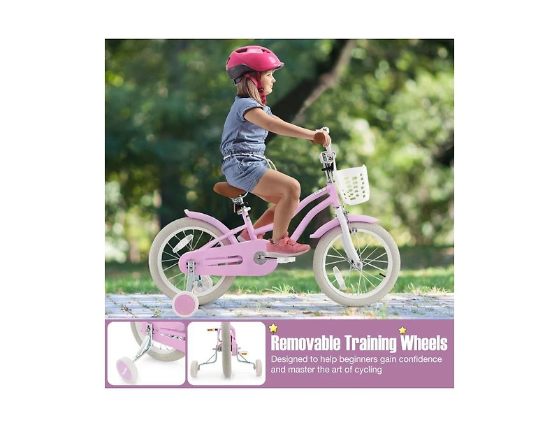 16-Inch Kids Bike with Front Handbrake and 2 Training Wheels - Purple