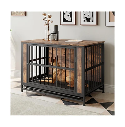 38.9in Rustic Brown Dog Crate Furniture Sliding Doors Thick Iron Frame Large Medium Small Dog
