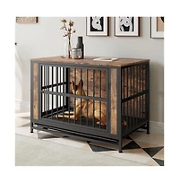 38.9in Rustic Brown Dog Crate Furniture Sliding Doors Thick Iron Frame Large Medium Small Dog