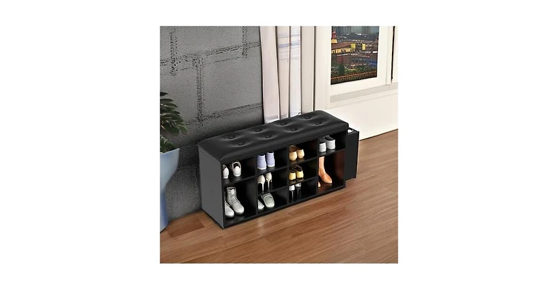 Ironck Shoe Bench, Ten Cubbies Storage Entryway Bench with Pu Leather, Black