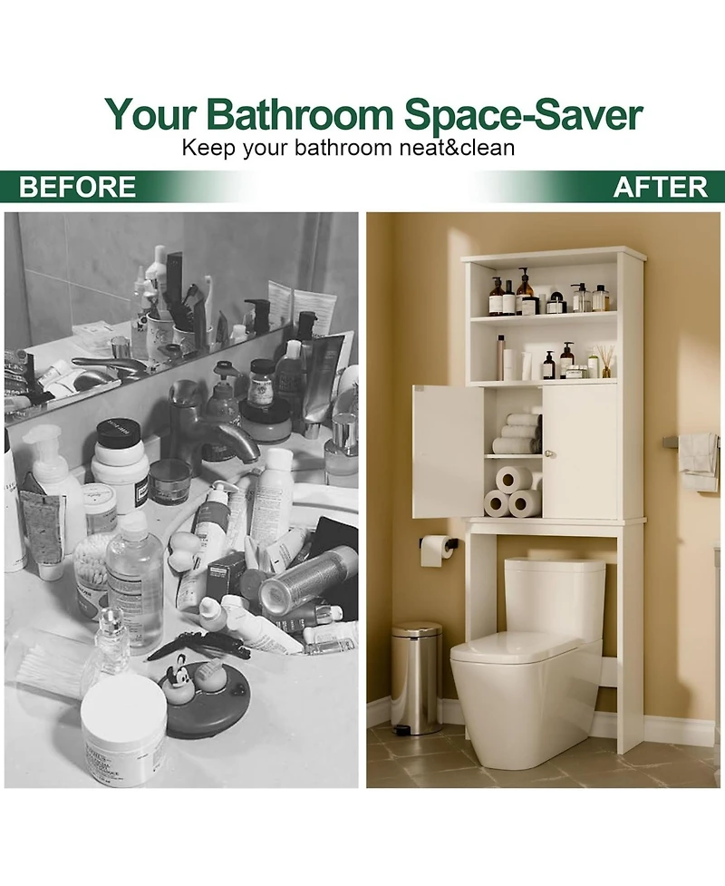 Vanirror Over-Bathroom Storage Cabinet with Double Doors & Adjustable Shelf - White Freestanding Bathroom Organizer with Open Shelf