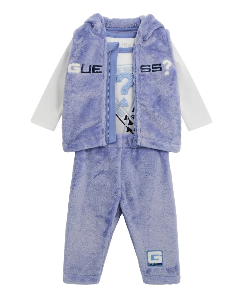Guess Baby Boys 3-Piece Long-Sleeve Bodysuit, Hooded Vest and Pant Set