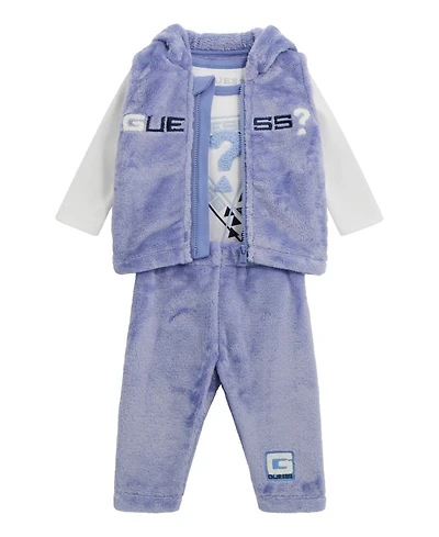 Guess Baby Boys 3-Piece Long-Sleeve Bodysuit, Hooded Vest and Pant Set