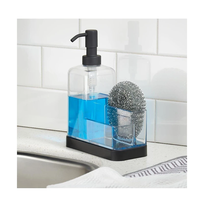 iDesign Stainless Steel Sink Caddy with Soap Pump, Clear/Matte Black