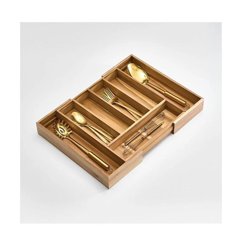iDesign Expandable Acacia Wood Cutlery Drawer Organizer -Natural