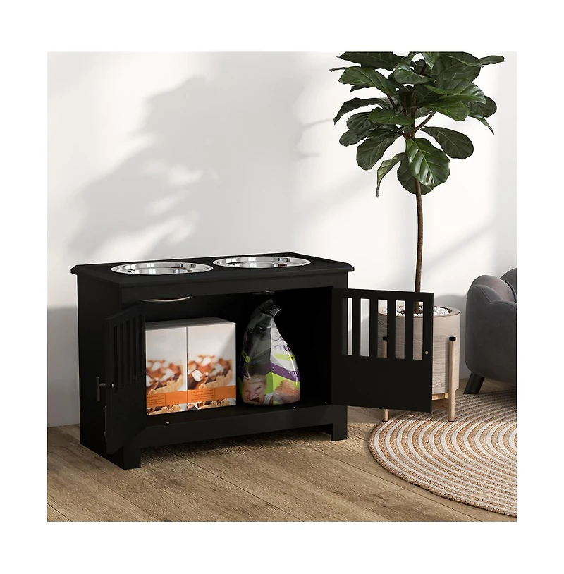 Aostirmotor 37in-l Black Elevated Dog Bowls Storage Cabinet Raised Dog Bowl Stand Feeding Station