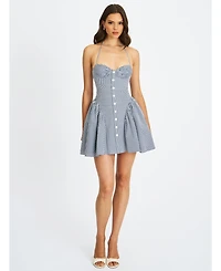 Miss Circle Women Melody Navy Blue Railroad Stripe Halter Drop Waist Mini Dress