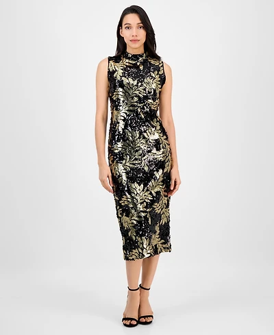 Anne Klein Women's Mock-Neck Sleeveless Sequined Midi Dress