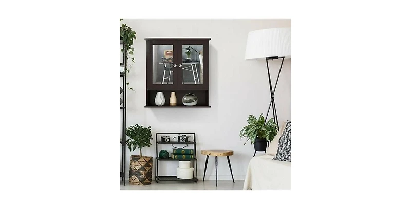 Slickblue Wood Bathroom Wall Cabinet with Mirrored Doors and Interior Storage Shelf