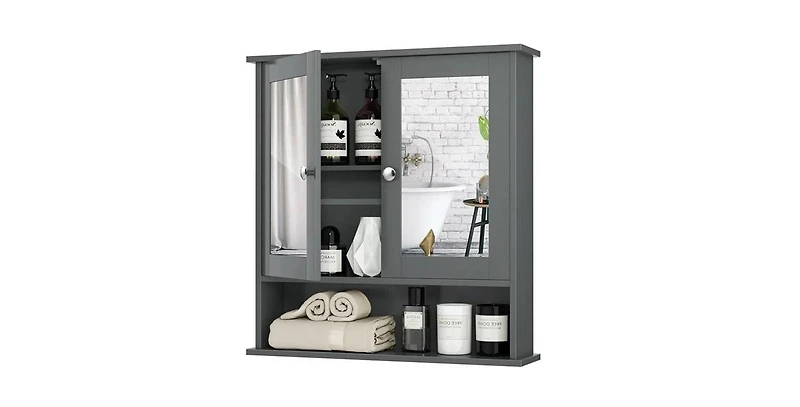 Slickblue Wood Bathroom Wall Cabinet with Mirrored Doors and Interior Storage Shelf