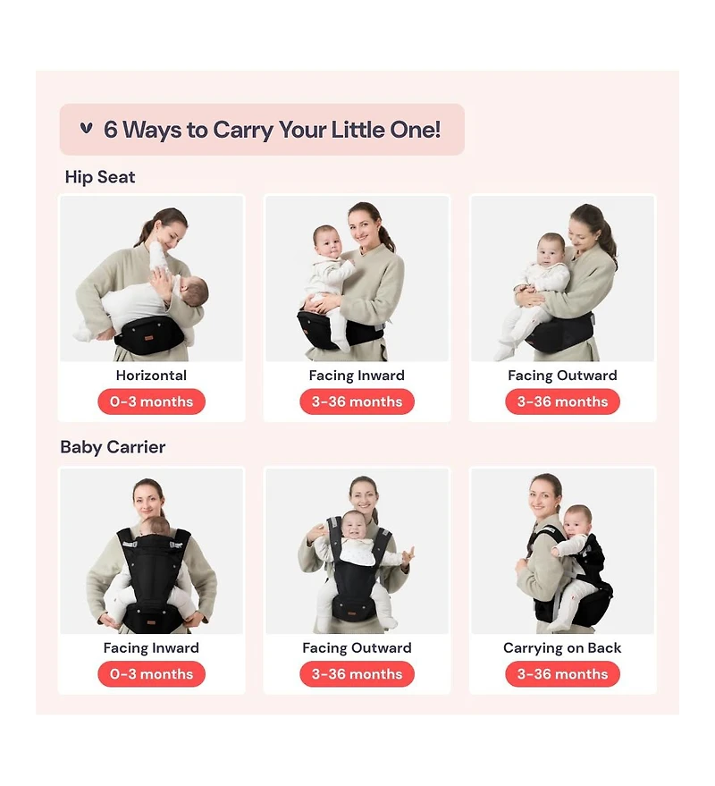 BabbleRoo Kids Carrier 6 1 with Hip Seat, Comfy & Adjustable Kangaroo Rose