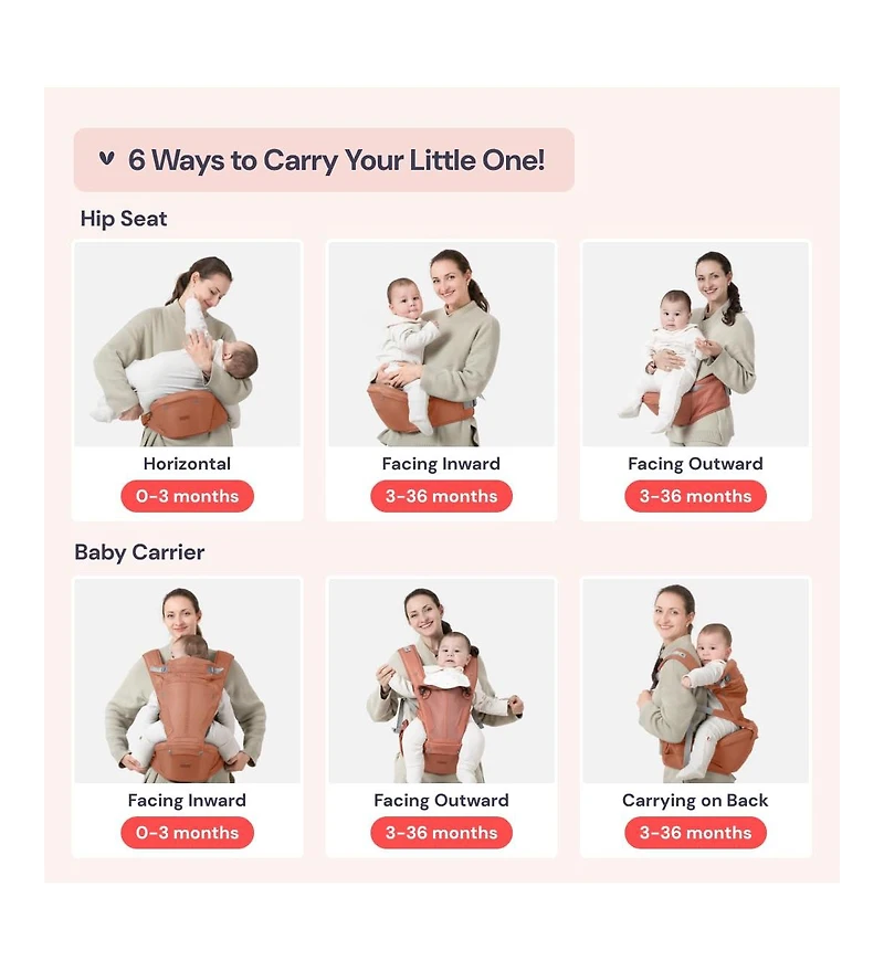 BabbleRoo Kids Carrier 6 in 1 Carrier with Hip Seat, Comfy & Adjustable Kangaroo Rose
