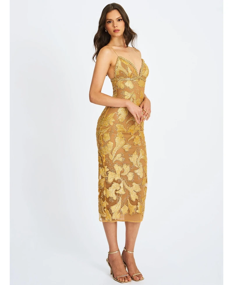 Miss Circle Women's Edie Gold Beaded Sequin Midi Pencil Dress