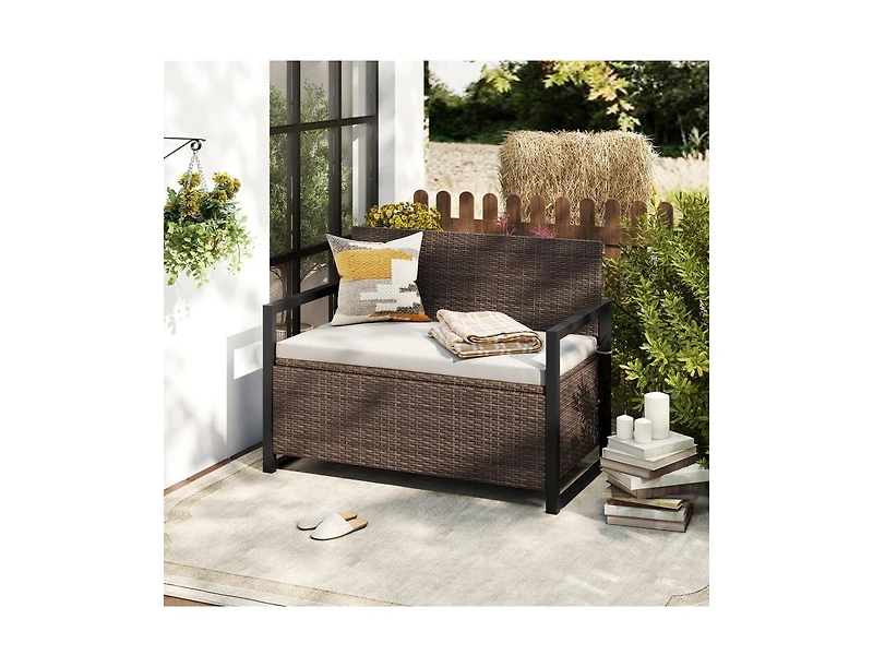 Akiudex 2-in-1 Outdoor Rattan Storage Bench with Cushion and 40 Gallon Capacity