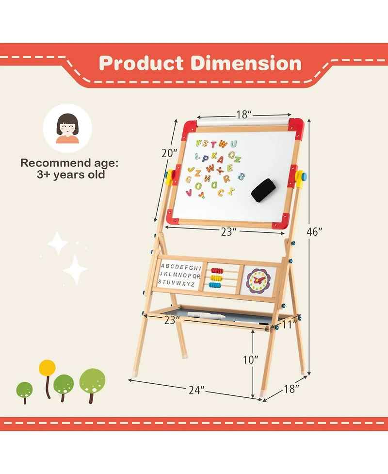 Akiudex 3-in-1 Kids Wooden Art Easel with Rotating Board, Paper Roll, and Storage Tray