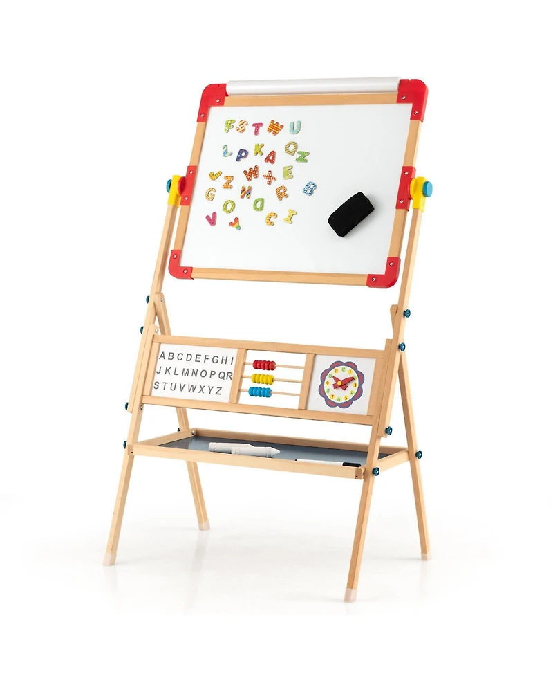 Akiudex 3-in-1 Kids Wooden Art Easel with Rotating Board, Paper Roll, and Storage Tray