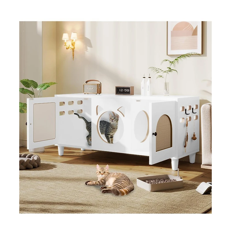 Aostirmotor 47.2 in. Wooden Cat Cabinet Cat litter box with Sisal scratching door in Cream white