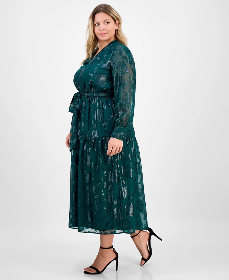 Anne Klein Plus Floral Jacquard Blouson-Sleeve Midi Dress