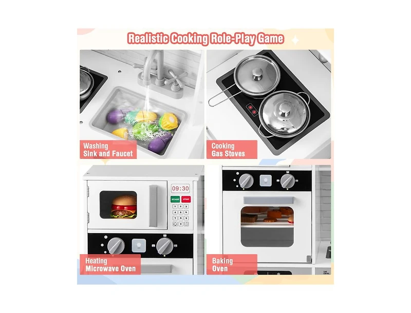 Akiudex Pretend Play Kitchen Wooden Toy Set with Real Lights and Sounds