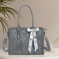 Mosiso Gray 17-17.3 Inch Pu Leather Laptop Tote Bag for Women - Compatible with MacBook, Hp, Dell, Asus - Retro Hibiscus Embossed Computer Bag